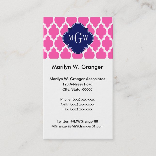 Hot Pink #2 Wht Moroccan #4 Navy Name Monogram Business Card (Front)