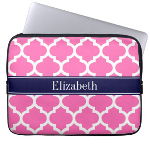 Hot Pink 2 Wht Moroccan #5 Navy Blue Name Monogram Laptop Sleeve