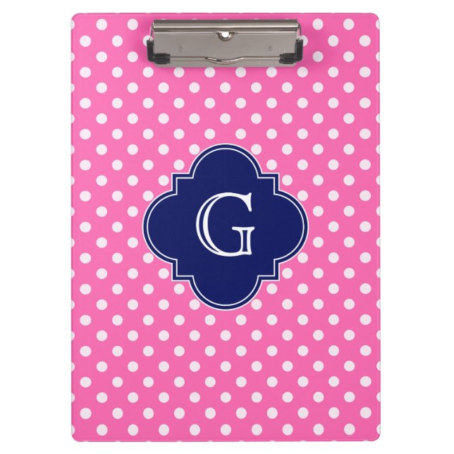 Hot Pink #2 Wht Polka Dot Navy Quatrefoil Monogram Clipboard (Front)