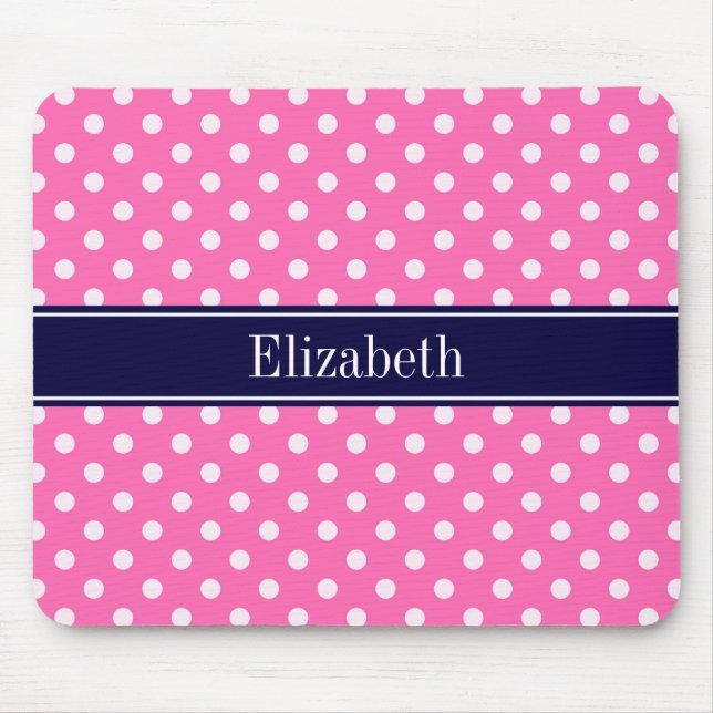Hot Pink #2 Wht Polka Dots Navy Blue Name Monogram Mouse Pad (Front)