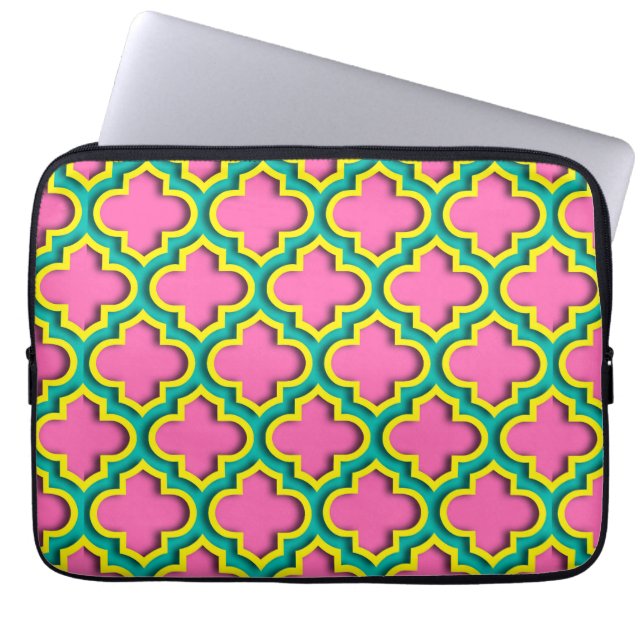 Hot Pink #2, Yellow, Teal Moroccan Quatrefoil #5DS Laptop Sleeve (Front)