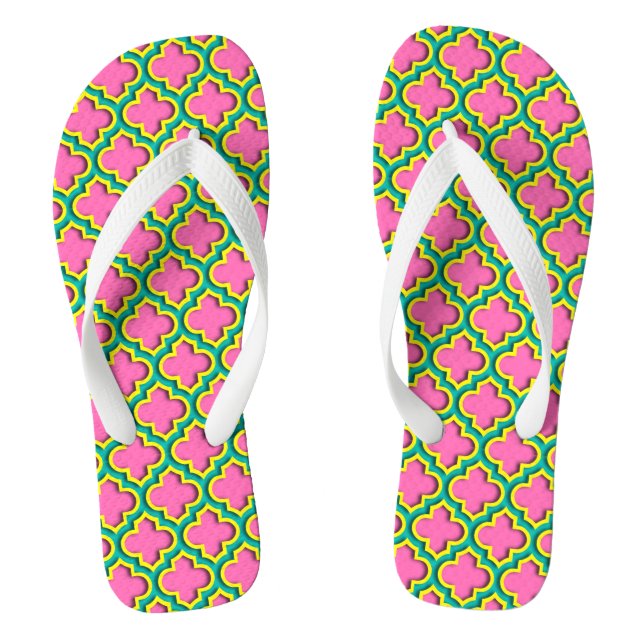 Hot Pink #2, Yellow, Teal Moroccan Quatrefoil #5DS Thongs (Footbed)