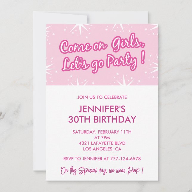 Hot pink 30th birthday invitations for her girly (Front)