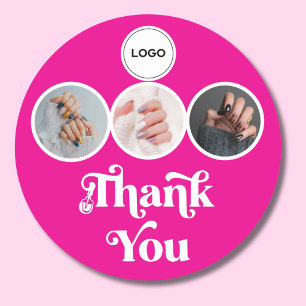 Hot Pink 3 Photo Nail Tech Logo Thank You Classic Round Sticker