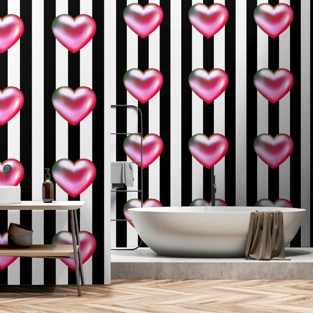 Hot pink 3d heart black white stripes  wallpaper (Creator Uploaded)