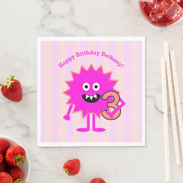 Hot Pink 3rd Birthday Girl Monster Cute Fun Bold Napkin (Insitu)