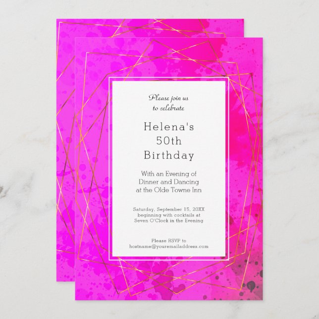 Hot Pink 50th Birthday Party Chic Modern Invitation (Front/Back)