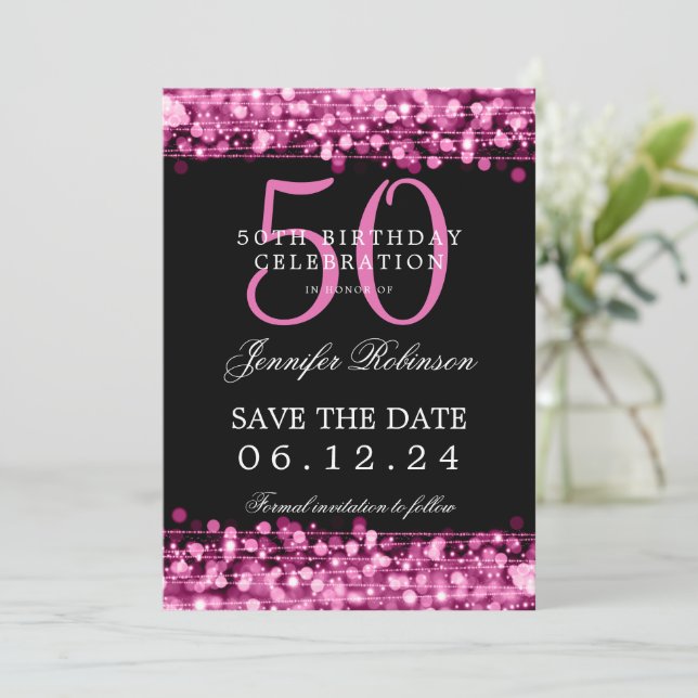 Hot Pink 50th Birthday Save the Date w/ Details Invitation (Standing Front)