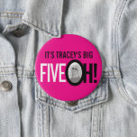Hot pink 50th FIVE OH! photo fiftieth birthday 10 Cm Round Badge<br><div class="desc">Hot bright pink, white and black 50th birthday button pin badge. Bright graphic retro style badge customize with your own name and photo in the O of Oh! Great for parties or to add to gifts or cards. Other matching items are available. Unique design by Sarah Trett for www.mylittleeden.com only...</div>