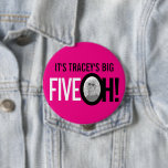 Hot pink 50th FIVE OH! photo fiftieth birthday 10 Cm Round Badge<br><div class="desc">Hot bright pink, white and black 50th birthday button pin badge. Bright graphic retro style badge customize with your own name and photo in the O of Oh! Great for parties or to add to gifts or cards. Other matching items are available. Unique design by Sarah Trett for www.mylittleeden.com only...</div>