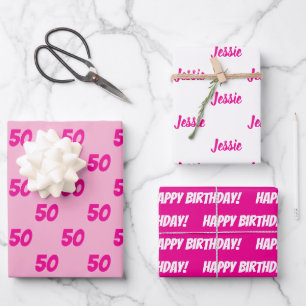 HOT PINK 50th Happy Birthday Custom Name Wrapping Paper Sheet