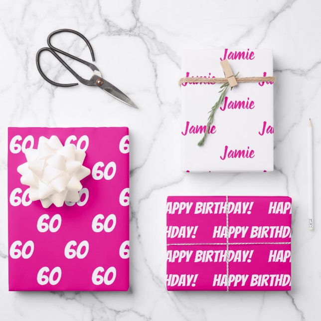 HOT PINK 60th Happy Birthday Custom Name Wrapping Paper Sheet (Front)
