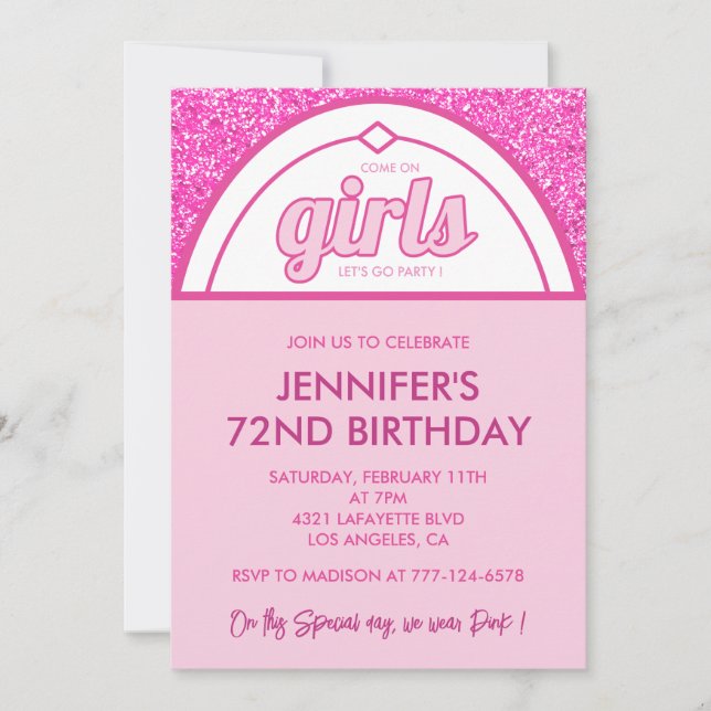 Hot Pink 72nd birthday invitations Glitter Girl (Front)