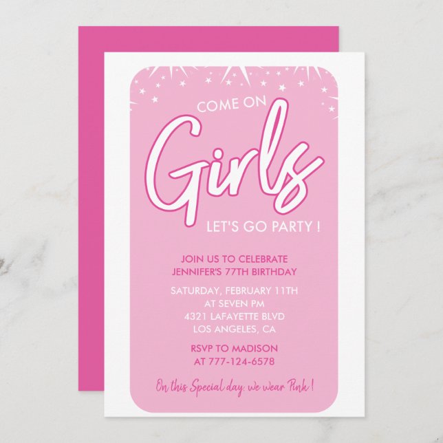 Hot pink 77th birthday invitations Girl Modern (Front/Back)