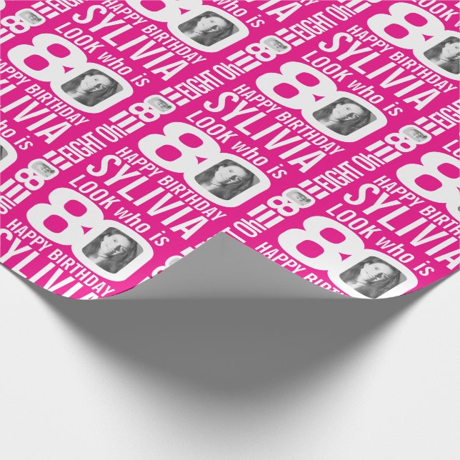 Hot pink 80th birthday look 80 custom photo name wrapping paper (Corner)