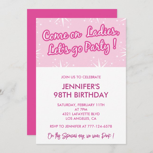 Hot pink 98th birthday invitations Glitter (Front/Back)