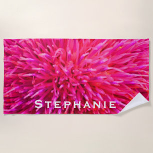 Hot Pink Abstract Floral with White Name Beach Towel