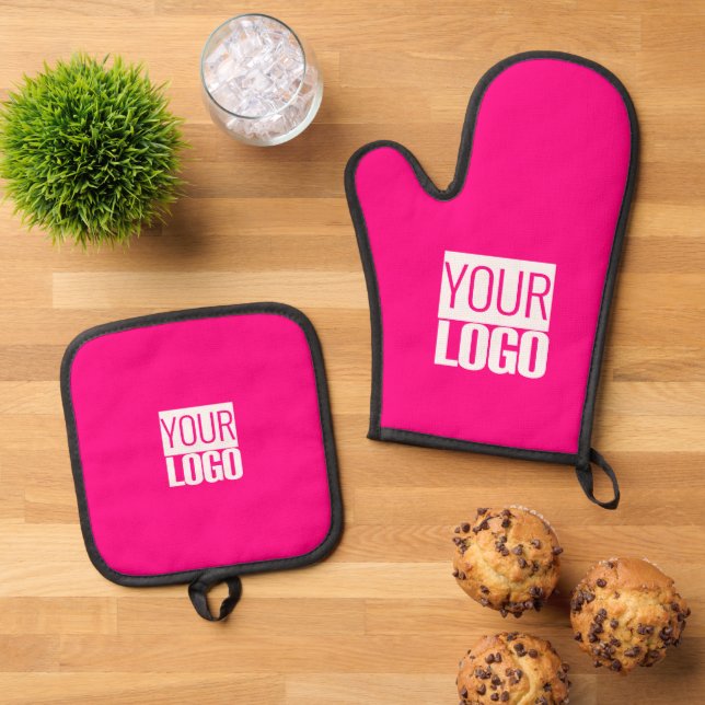 hot  pink  - add logo  oven mitt & pot holder set (Top Down)