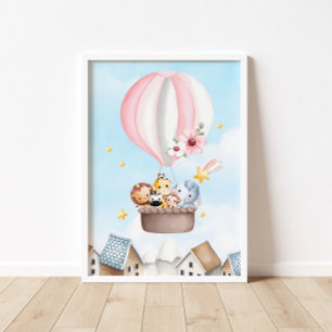 Hot Pink Air Ballon Safari Animals Poster
