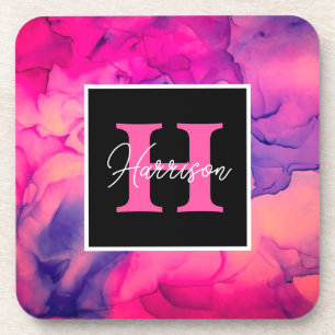 Hot Pink Alcohol Ink Monogram Personalised Coaster