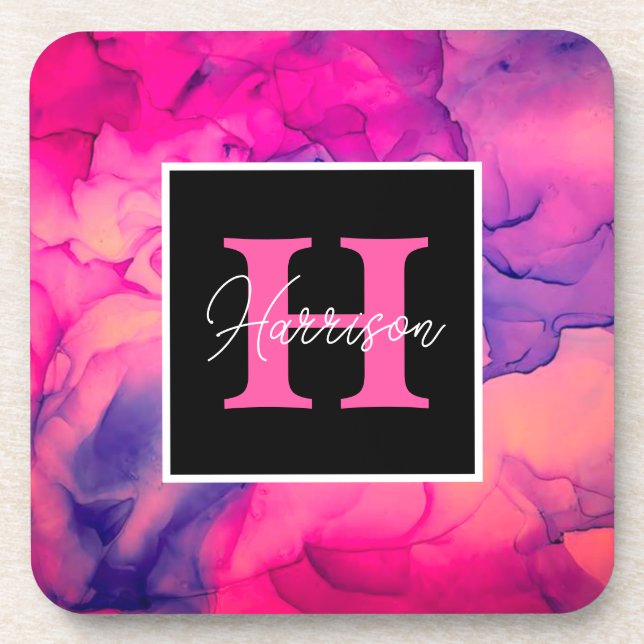 Hot Pink Alcohol Ink Monogram Personalised   Coaster (Front)
