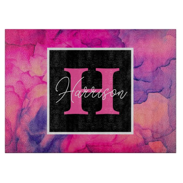 Hot Pink Alcohol Ink Monogram Personalised Cutting Board (Front)