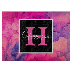 Hot Pink Alcohol Ink Monogram Personalized Cutting Board