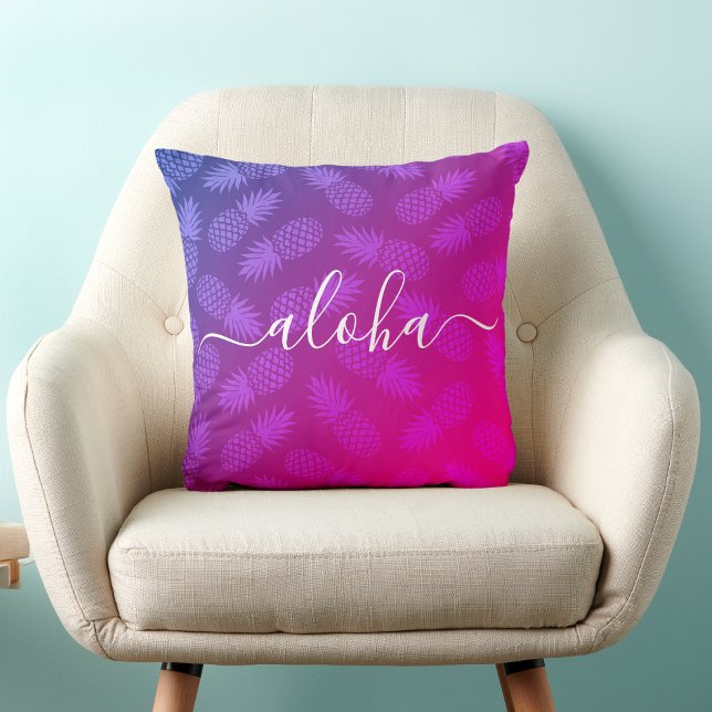 Hot Pink Aloha Script Pineapple Pattern Tropical Cushion (Creator Uploaded)