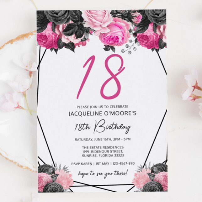 Hot Pink and Black 18th Birthday Invitation (Creator Uploaded)