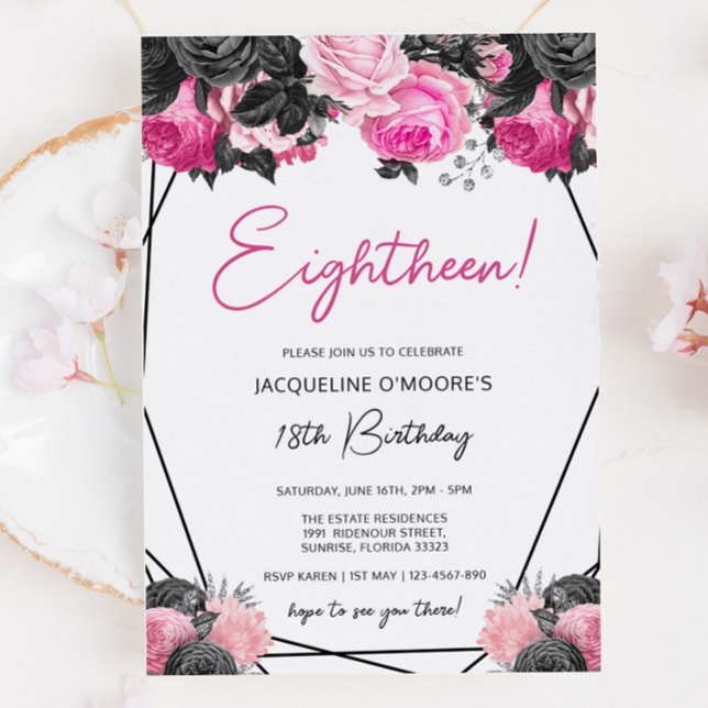 Hot Pink and Black 18th Birthday Invitation (Creator Uploaded)
