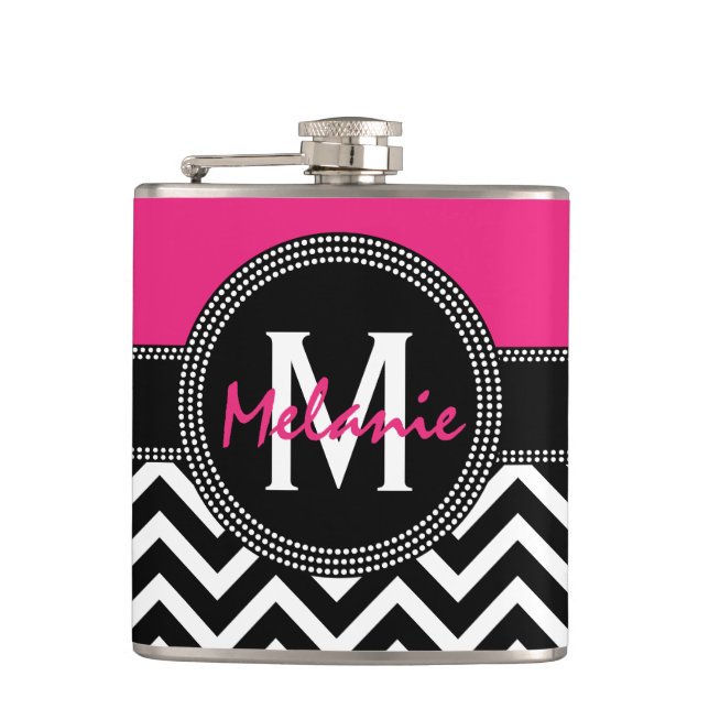 Hot Pink and Black 21st Birthday Chevron Monogram Hip Flask (Front)