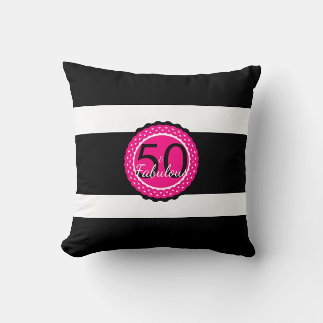 Hot Pink and Black 50 & Fabulous Birthday Gift Cushion (Front)
