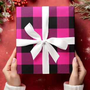 Hot Pink and Black Buffalo Plaid Christmas Wrapping Paper Sheet
