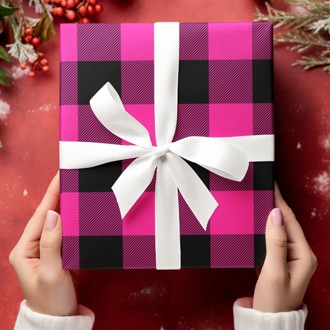 Hot Pink and Black Buffalo Plaid Christmas Wrapping Paper Sheet (Hot Pink Buffalo Plaid Gift Wrap)