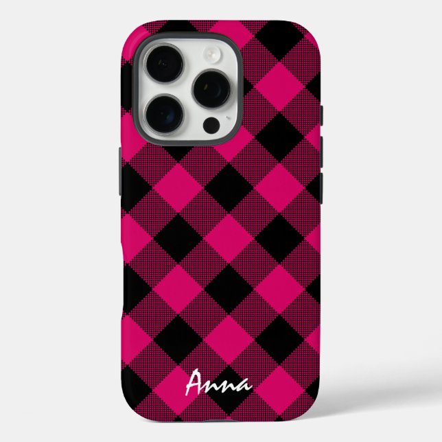 Hot Pink and Black Buffalo Plaid Personalised Case-Mate iPhone Case (Back)