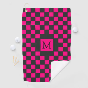 Hot Pink and Black Chequerboard Pattern Monogram Golf Towel