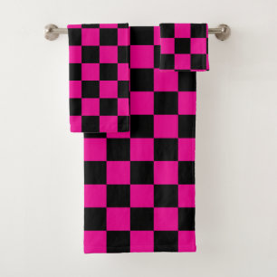 Hot Pink and Black Chequered Print Bath Towel Set