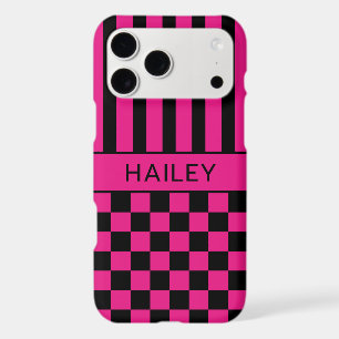 Hot Pink and Black Chequered Striped Personalised