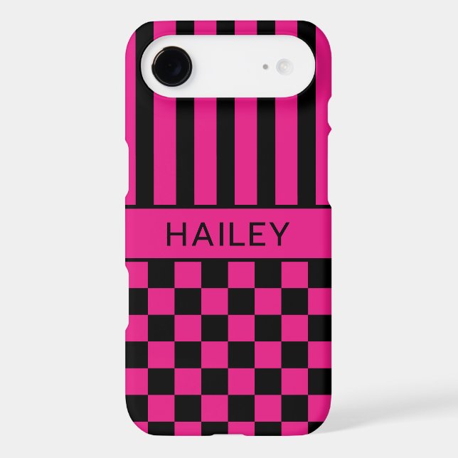 Hot Pink and Black Chequered Striped Personalised (Back)