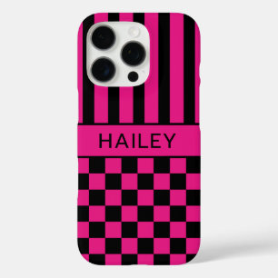 Hot Pink and Black Chequered Striped Personalised iPhone 16 Pro Case