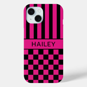 Hot Pink and Black Chequered Striped Personalised iPhone 15 Case