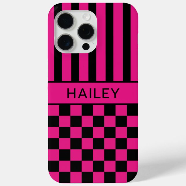 Hot Pink and Black Chequered Striped Personalised Case-Mate iPhone Case (Back)