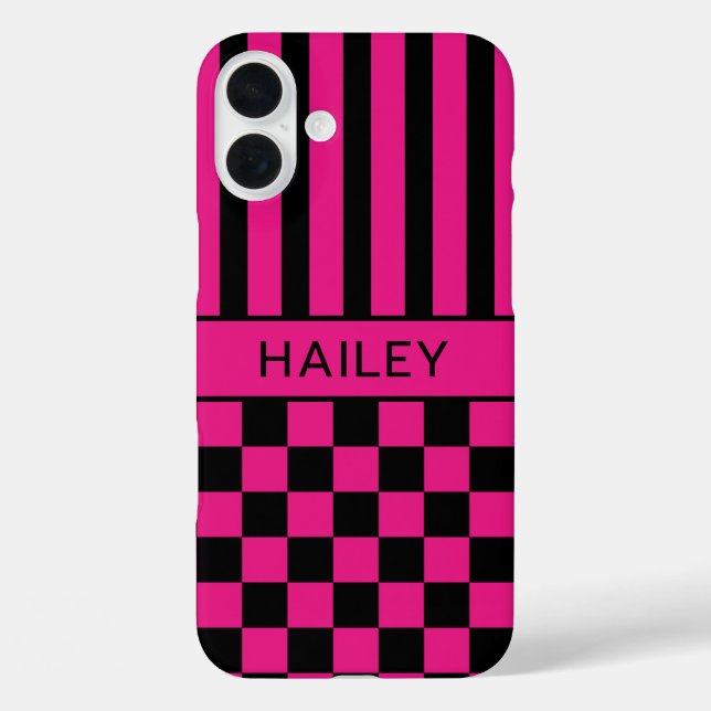 Hot Pink and Black Chequered Striped Personalised Case-Mate iPhone Case (Back)