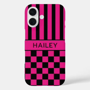Hot Pink and Black Chequered Striped Personalised iPhone 16 Case