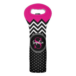 Hot Pink and Black Chevron Add Your Monogram Wine Bag