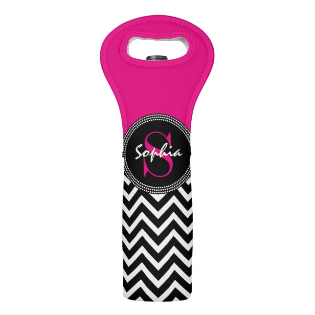 Hot Pink and Black Chevron Add Your Monogram Wine Bag (Front)