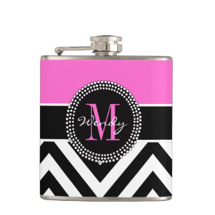 Hot Pink and Black Chevron Monogram Hip Flask