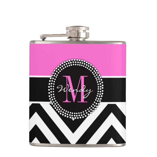 Hot Pink and Black Chevron Monogram Hip Flask (Front)