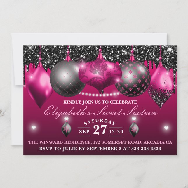 Hot Pink and Black Christmas Ornament Sweet 16 Invitation (Front)