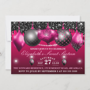 Hot Pink and Black Christmas Ornament Sweet 16 Invitation